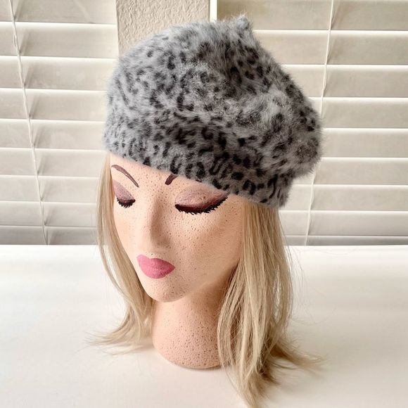 Accessories - Cheetah Print Gray & Black Soft Angora Beret, Hat, Beanie, Small